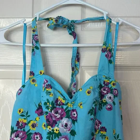 Hell Bunny Vixen Turquoise Floral Halter Dress Size M Pinup Flowy Vacation - Picture 5 of 8